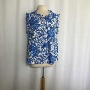 Vineyard Vines Sleeveless Blue & White Floral Top Ruffle Neck Tassel Tie Size XL